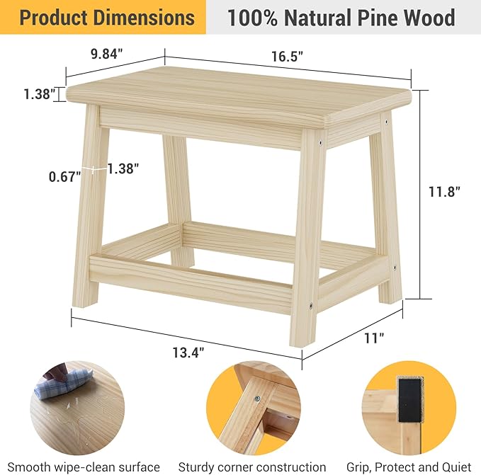 Wooden Step Stool, Foot Stool, Shoe Bench, Small Side End Table, Small Sofa Foot Stool for Bathroom Living Room Bedroom Kitchen Entryway Modern Sturdy 16.5x11x11.8inchs (Natural)