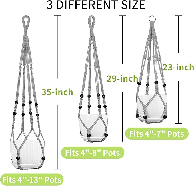 Macrame Plant Hanger - Fits 4 to 13 inches Pots for Indoor Outdoor, 35"/29"/23" Different Sizes Set, Gray (POTS NOT Included)
