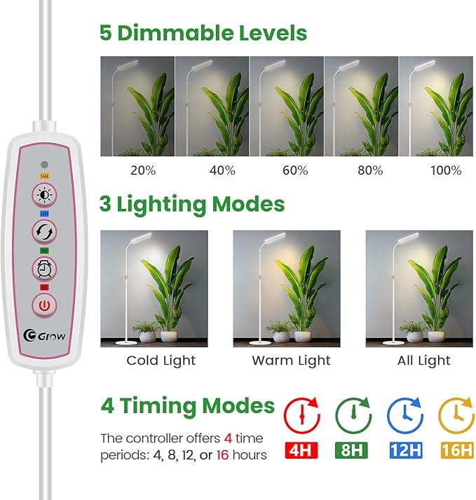 Wiaxulay Grow Lights for Indoor Plants, 153 LED Full Spectrum Plant Grow Light Floor Standing, Height Adjustable 24-68 in,4/8/12/16H Timer,3 Lighting Modes,5 Brightness for Growing Large Tall Plants