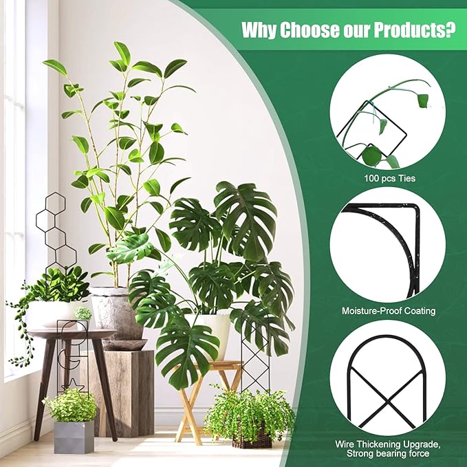 Wellsign Plant Trellis for Climbing Plants Indoor, 15.94Inch Small Garden Metal Houseplant Trellis for Potted Plants Outdoor with 4 Patterns for Vine Ivy Flower Plant Support Lover Gifts Lattice