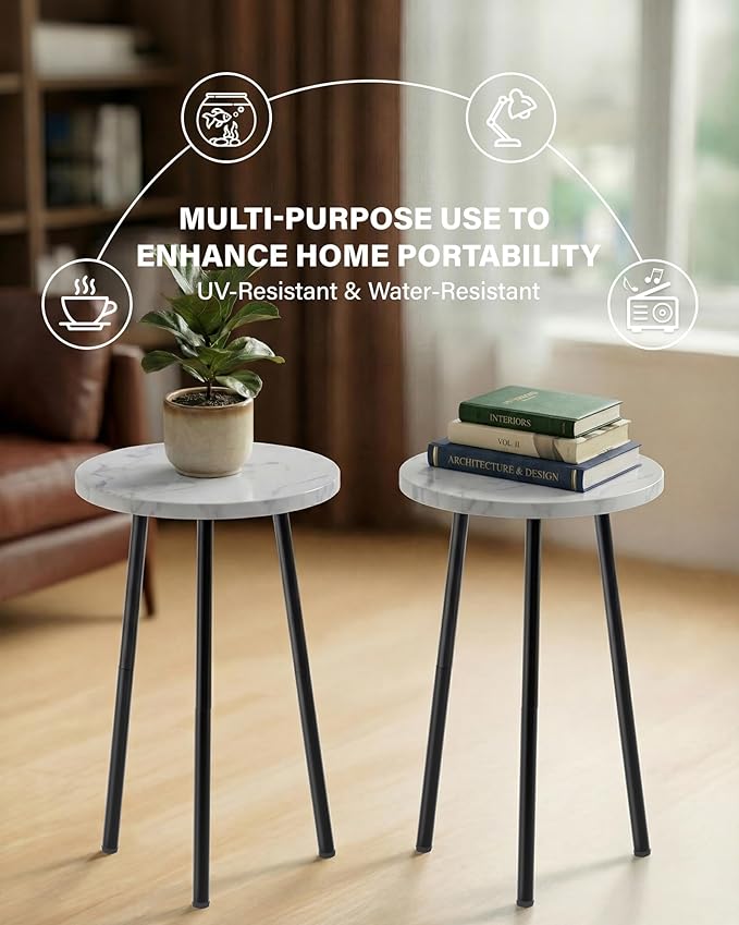 Plant Stand Indoor 2 Pack: Corner Wood 20 Inch Plant Stand Mid Century Modern Decor - Small Round Plant Table for Indoor Plants - Plant Holder for Patio Living Room Bathroom Office (White Marble)