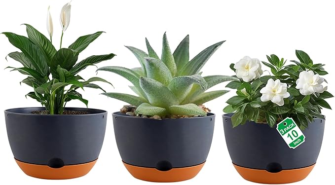 Nooulap 3 Pack Self Watering Planters for Plants Indoor,10 Inch Plant Pot Outdoor Plastic Flower Pot with Drainage and Saucers(Grey)