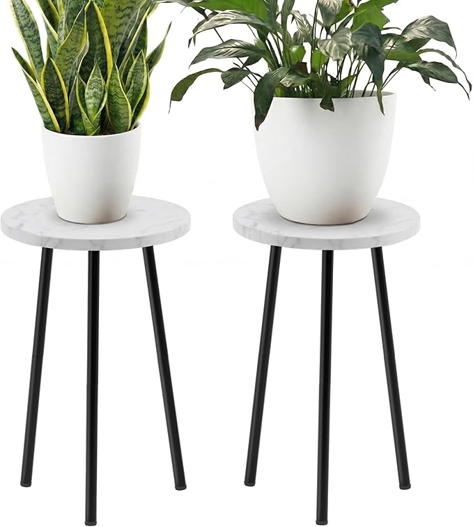 Plant Stand Indoor 2 Pack: Corner Wood 20 Inch Plant Stand Mid Century Modern Decor - Small Round Plant Table for Indoor Plants - Plant Holder for Patio Living Room Bathroom Office (White Marble)