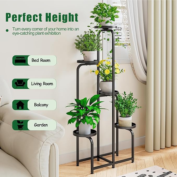 INGIORDAR Plant Stand Indoor Outdoor 5 Tier Metal Plant Shelf for Multiple Plants Corner Flower Holders for Living Room Balcony Bedroom Patio Garden, Black (Black, 5-Tier)