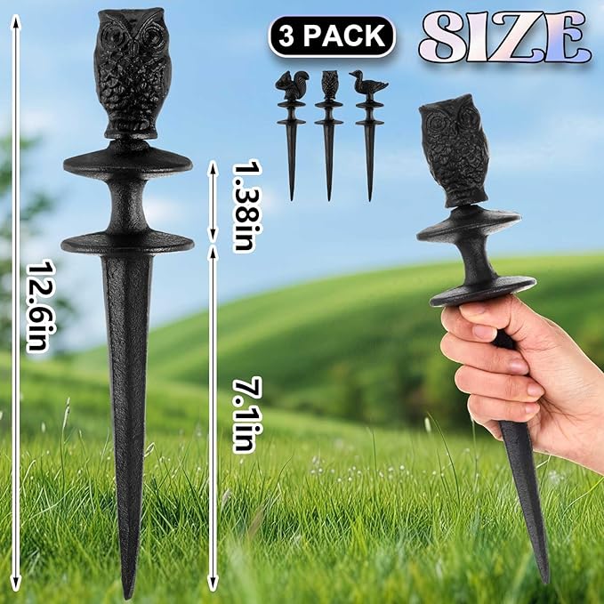 Tandefio 3 Pcs Animals Garden Hose Guide Stakes, Owls Squirrels Ducks Heavy Duty Decorative Antique Black Cast Iron Metal Hose Guides, Plant Protector for Lawn Yard Flower Bed
