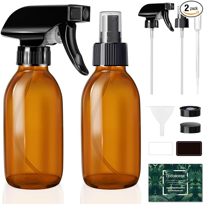 Tecohouse Glass Spray Bottles 4 OZ, Amber Empty Spray Bottle for Essential Oils, Small Glass Bottles for Cleaning Solutions, Plants, with Durable Nozzle, Labels, Funnel, Pipettes