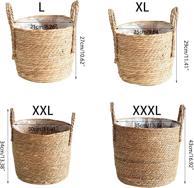 Woven Straw Flower Pot, Sea-Grass Planter Basket, Wicker Rattan Vase Sundries Organizers Storage Bins, Hand Woven Basket Planter with Plastics Liners and Handle - XXXL13.77x13.77x16.93in