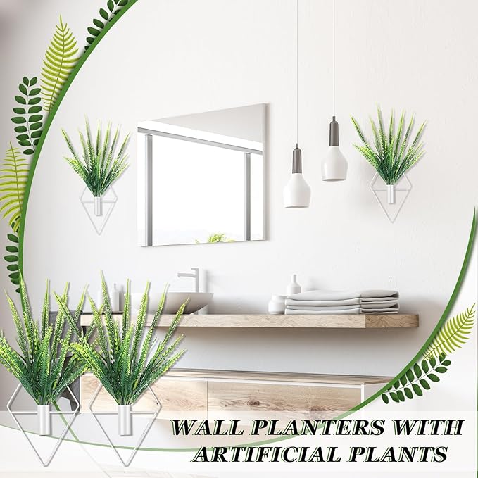 Canlierr 2 Pieces Wall Decor Hanging Planters with Artificial Plants Metal Hanging Vase Indoor Plants Holder Modern Boho Wall Art for Bathroom Bedroom Living Room Decor(White,Boston Fern)