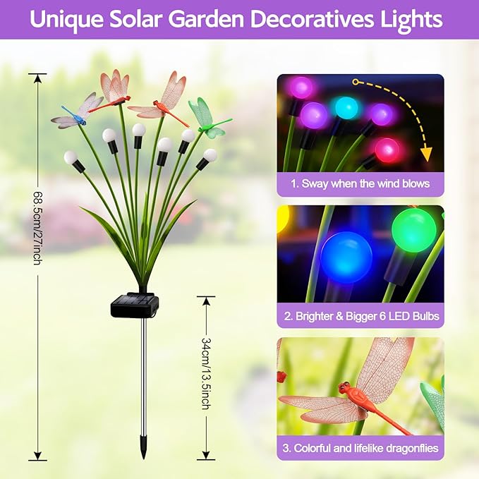 4 Pack Dragonfly Decorative Garden Stakes, 16Pcs 3D Dragonfly Decorations with Multicolor Solar Firefly Lights Realistic Dragonflies Solar Lights Outdoor for Yard Art Patio Plant Pot Flower Bed Lawn