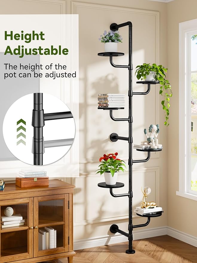Plant Stand Indoor, 6-Tier Plant Shelf, Tall Wall Mounted Metal Pole & Rotating Wooden Board Plant Holder for French Window, Corner, Home Decor - C5 Black
