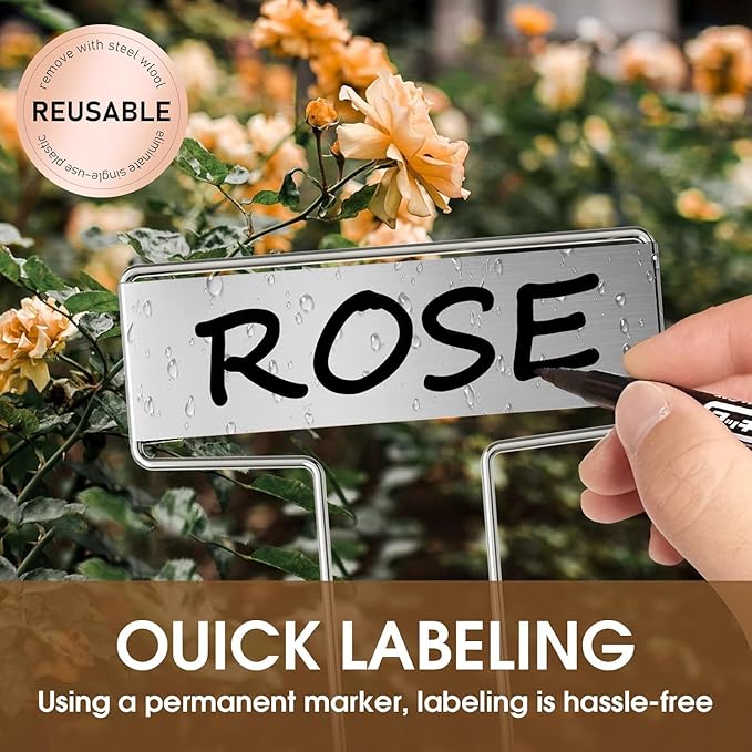 25PCS Silver Metal Plant Tags Plant Labels with 50Pcs Labels, Rainproof PET Film & 2 Permanent Pen, 6.1 inch Weatherproof Banner Garden Markers, Marking Protection Seedling Signs Nursery Tags