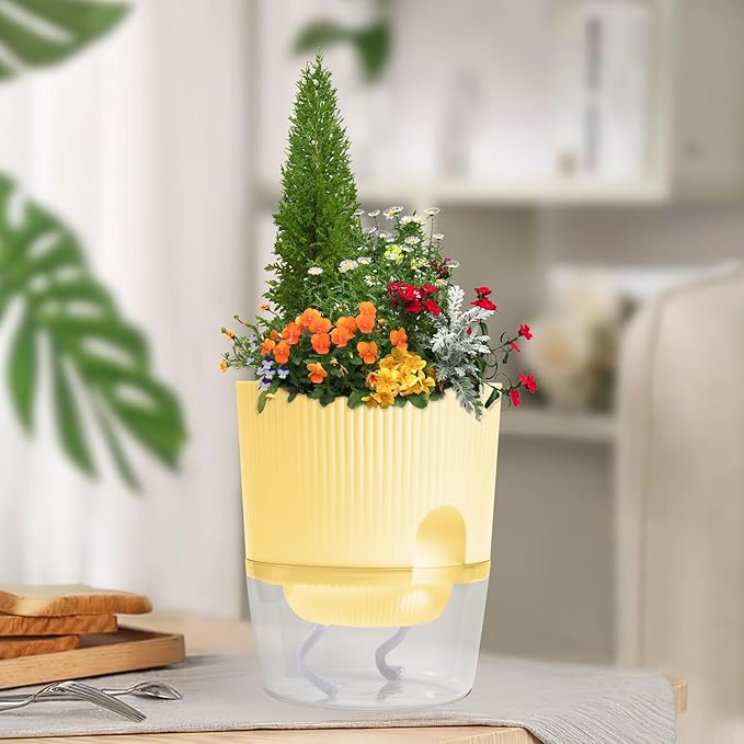 3 Pack Self Watering Planter Pots for Indoor Plants - 5.5 Inch African Violet Pots with Wick Rope - Yellow