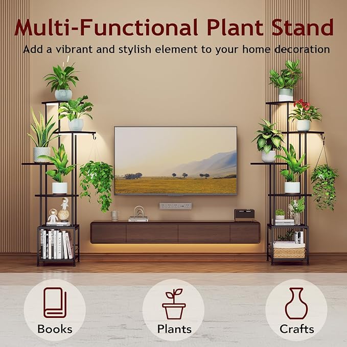 Homsorout Plant Stand Indoor with Grow Light, 6-Tiered Tall Plant Stand Indoor, Metal Plant Shelf with Hanging Basket Hook and Adjustable Light, Ideal for Living Room, Garden, Patio, Black