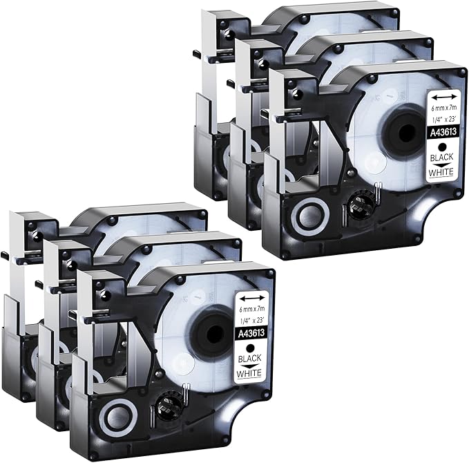 GREENCYCLE 6PK Black on White Label Tape Compatible for Dymo D1 43613 1/4 Inch LabelWriter 450 Duo Labeling Maker