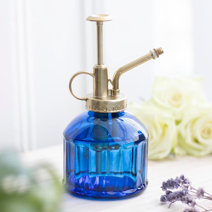 Vintage Blue Glass Plant Mister - Indoor Garden Enthusiast Gift, Gold Metal Pump Spray