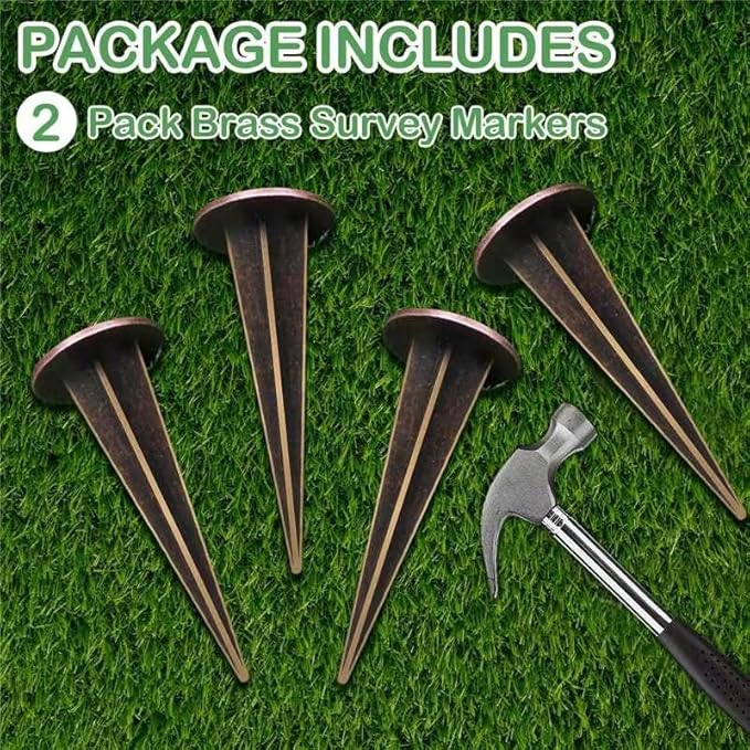 2 Pack Permanent Property Line Markers, 7x3 Inch Boundary Markers for Property Land Survey Stakes Heavy Duty Brass Survey Pin for Home Depot Septic Tank Yard Paver Ground Landscape Surveying