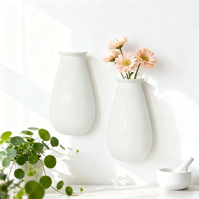 Hanging Ceramic Planters for Indoor Plants, Set of 2 Wall Mounted Planters, White Ceramic Pots for Indoors, Wall Hanging Planter for Living Room, Bedroom, Garden, Home Décor, Plant Hanger for Balcony