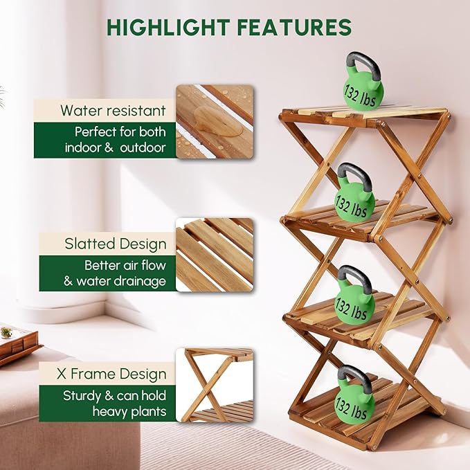BEEFURNI Acacia Ladder Plant Stand Indoor Corner, Wooden Outdoor Plant Stand 4 Tier, Foldable Multi Tier Plant Stand, Corner Plant Stand Indoor, Tall Plant Rack For Office, Balcony, Patio, 1-year Warranty