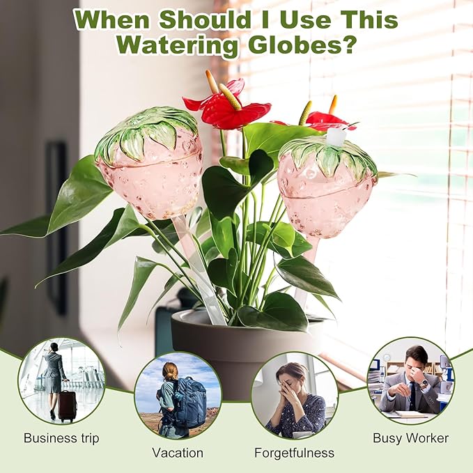 Strawberry-Shaped Glass Plant Watering Globes (Set of 2) - Vacation Plant Watering Devices with Terracotta Spikes, Top-Fill Watering Globes, Self Watering Planter Insert for Plants