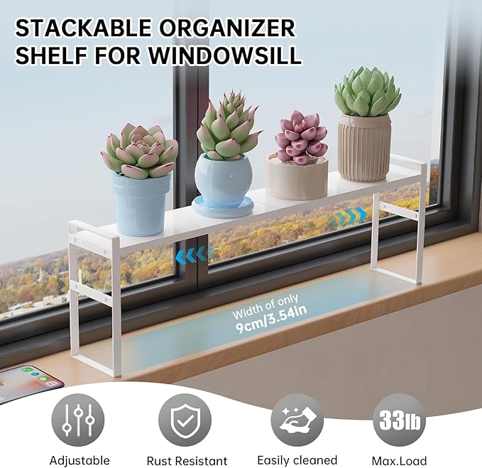 1pcs Small Narrow Tall Shelf for Windowsill Kitchen Organizer Window Sill Plant Shelf Stackable Shelves Bathroom Sill Thin Shelves for Narrow Spaces Counter Top Racks (White)