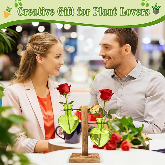 XXXFLOWER Plant Terrarium Wooden Stand, Hydroponic Planter Bulb Glass Metal Swivel Holder Retro Air Plants Water Plants for Home Office Decoration Gifts for Plant Lover Mom- 2 Green Love Bulb Vase