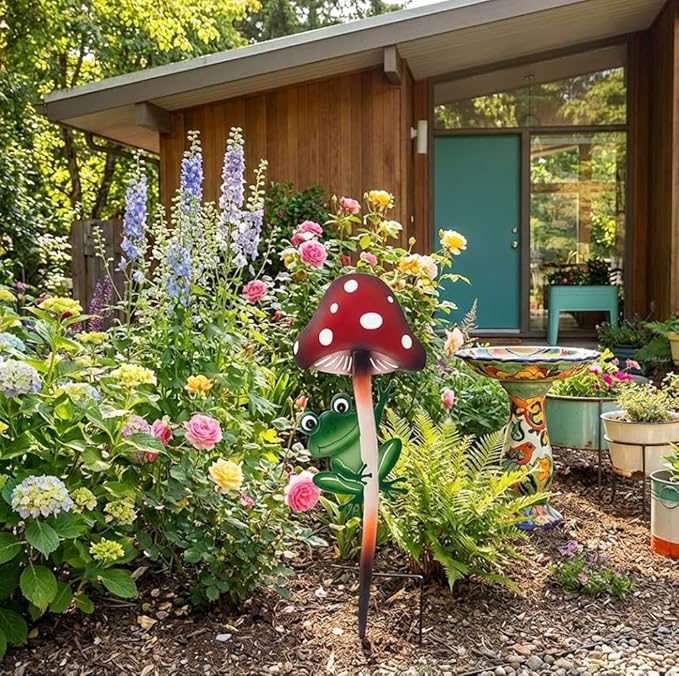 Napco Woodland Mushroom Frog 13.5 x 4.75 inches Red and Green Heavy Duty Metal Flower Plant Climbing Trellis Yard Art Stake, Indoor Outdoor Garden Décor