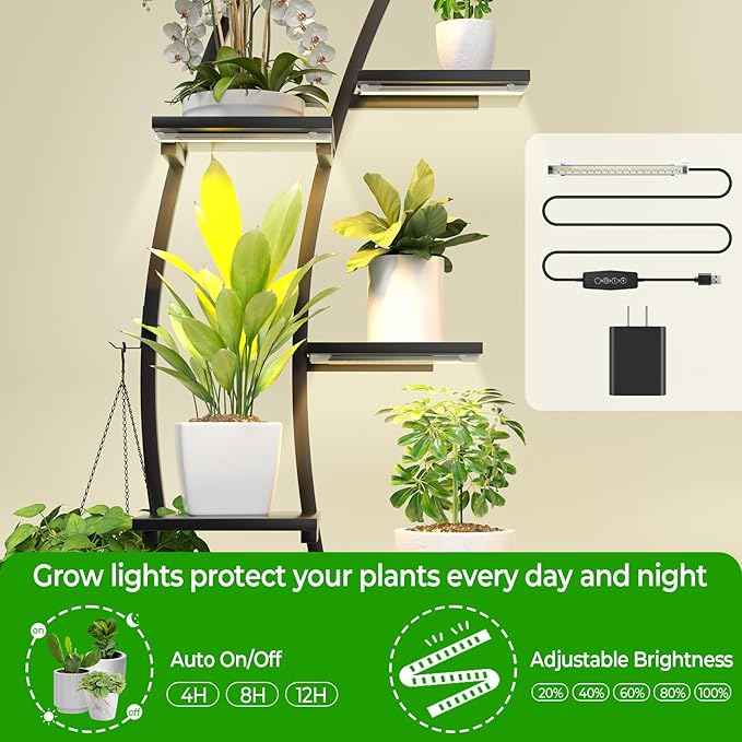 Plant Stand Shelf Indoor with 8 Grow Light, 10 Tiered 65" Tall Black Large Half Moon Lighted Plant Rack Holder, 2 Pack Big High Circular Arch Multi Herb Stand with Built in LED Grow Light Set