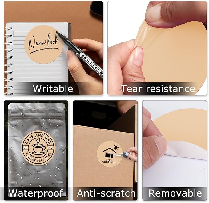 Khaki Circle Thermal Labels Vinyl 3 Inch Self-Adhesive Round Stickers Roll Waterproof Printer Decals Name Tag for QR Code DIY Office Address 500 PCS