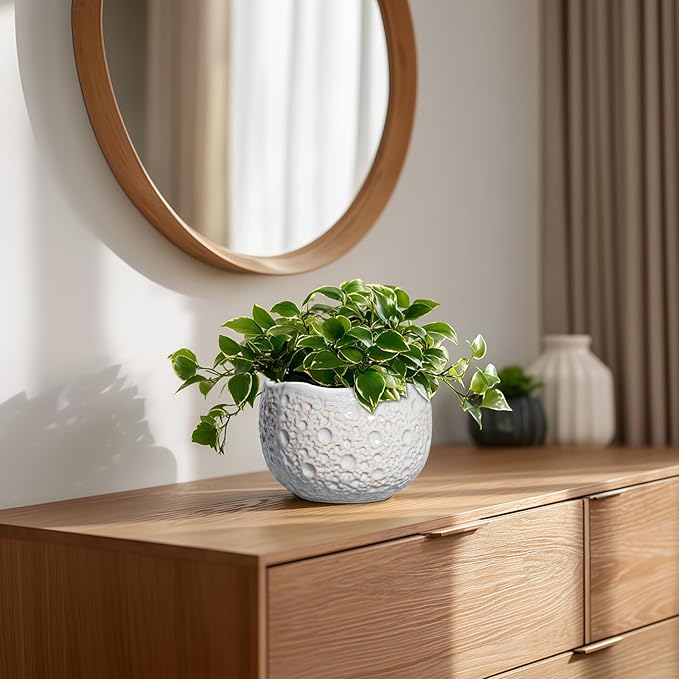 Ceramic Plant Pots 6 Inch - Ceramic Orchid Pot with Drainage Hole and Plug, Unique Pots for Plants Indoor Outdoor, Decorative Modern Planter, Living Room Decor, Plant Lovers Gifts, Grey
