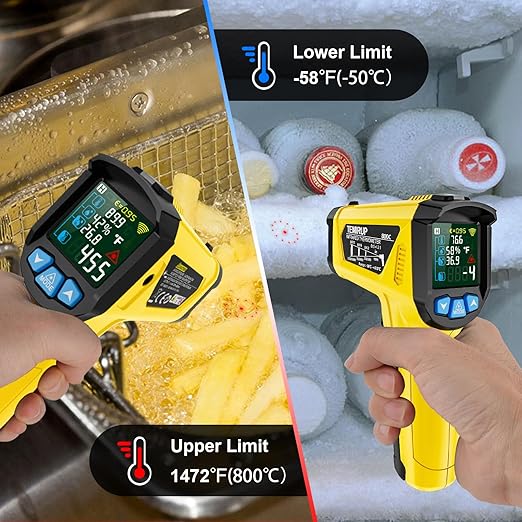 Infrared Thermometer Gun -58°F to 1472°F, Digital Temperature Gun/K-Type Probe -14°F~932°F, Humidity Sensor, IR Laser Temp Gun with Color LCD for Cooking Pizza Oven BBQ HVAC Home-Industrial