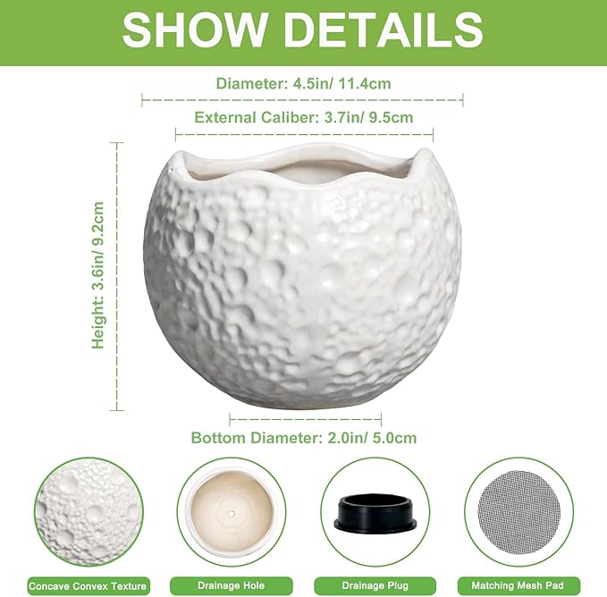 4 Inch Plant Pots - Ceramic Pots for Plants with Drainage Hole, Small Planter for Indoor Outdoor, Unique Succulent Pot, Decorative Modern Round Planter, Desk Decor, Plant Lover Gifts, White