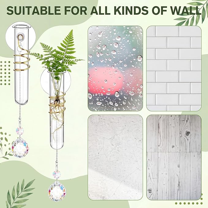 Zhehao 4 Set Window Hanging Propagation Stations 5.9'' Plastic Propagation Vases with Suction Cup & Crystal Pendants, Propagated Plant Holder Wall Jars for Home Office Garden Decoration Lover Gift