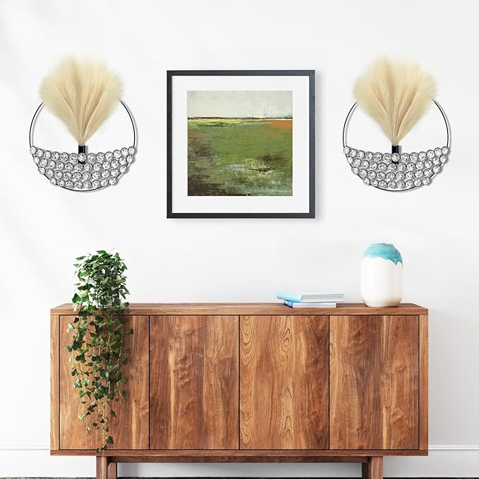 2 Pcs Boho Wall Decor Hanging Planters with Artificial Pampas Bling Jeweled Wall Mounted Metal Decor Modern Home Decor Display Wall Art for Bedroom Bathroom Living Room