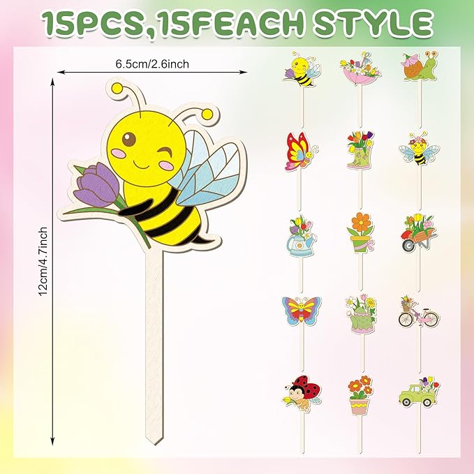 DoubleFill 15 Pcs Wooden Spring Plant Stakes Crafts Color Your Own Spring Sticks for Plant DIY Craft Kits Unfinished Wood Cutouts Butterfly Watering Can Snail Flower Shape for Gardener Gardening Gifts