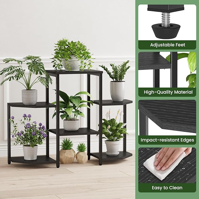 Asgolion Plant Stand Indoor,Multiple Plant Shelf Corner Rack, 6 Potted Plant Stand, 6 Tiers Large Flower Holder, Planter Display Rack for Patio Balcony Living Room Bedroom Decor, Black