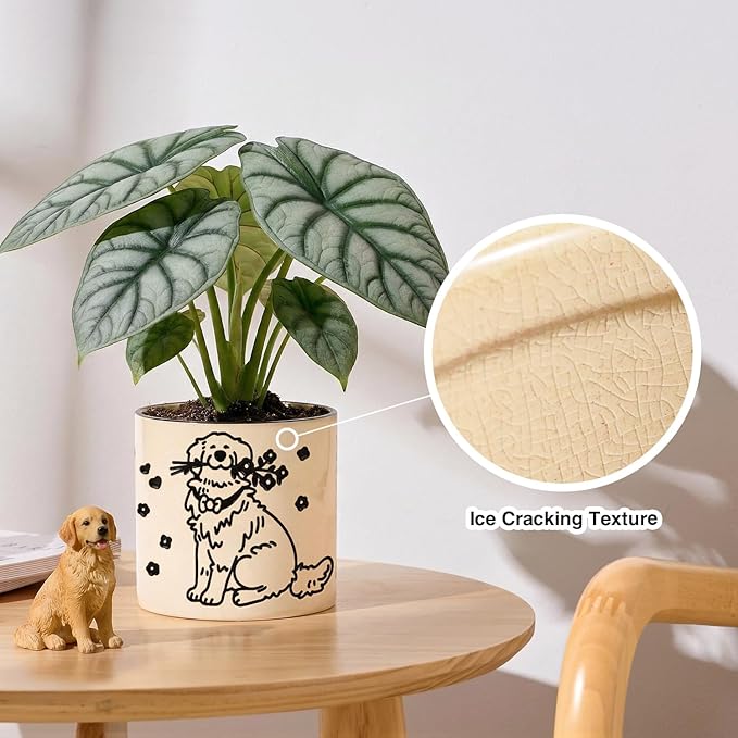 STHIE Indoor Plant Pot 5 Inch - Round Ceramic Planter with Drainage Hole, Hand-Painted Cute Flower Pot for Desktop Office Windowsill, Dog Lover Gift (Resting Dog)