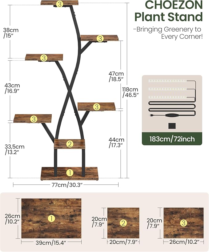 CHOEZON Plant Stand Indoor with Grow Light, 7-Tier Flower Plant Holder, 46.5” Tall Corner Plant Display Rack, Dimmable Grow Light with Timer, Rustic Brown and Black TCJ40DBF