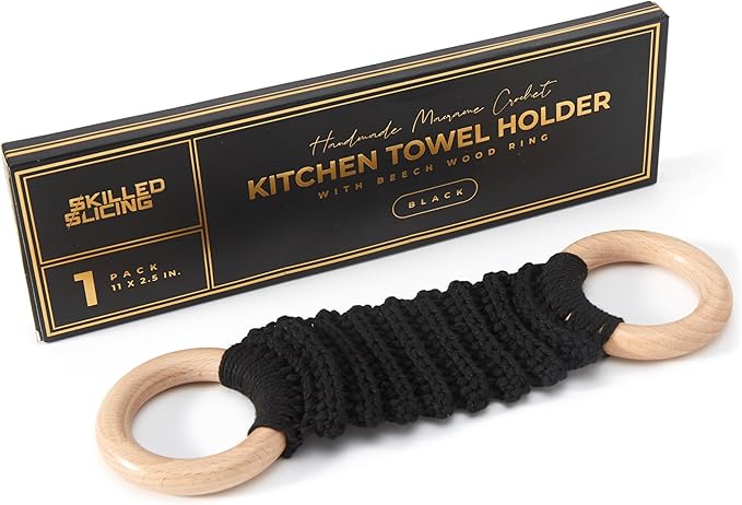 Handmade Crochet Dish Towel Holder for Kitchen & Bathroom, Decorative Boho Macrame Kitchen Towel Hanger Loop Ring Makes a Unique Gift for Birthday Thanksgiving Day 11 Inches (Black)