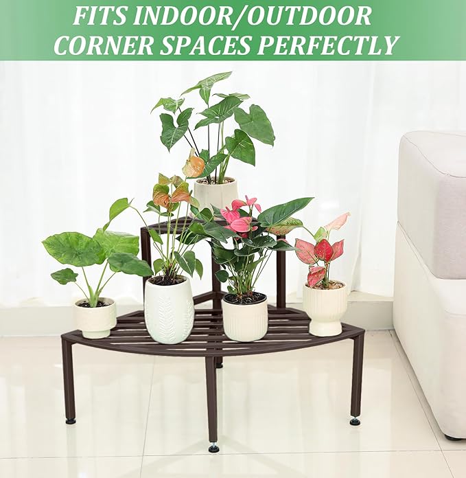 Dipion Corner Plant Stand Outdoor Metal,2 Tier Heavy Duty Ladder Plant Shelf Indoor for Multiple Plants,37.08" L x 22.83" W x 20.07" H,Coffee