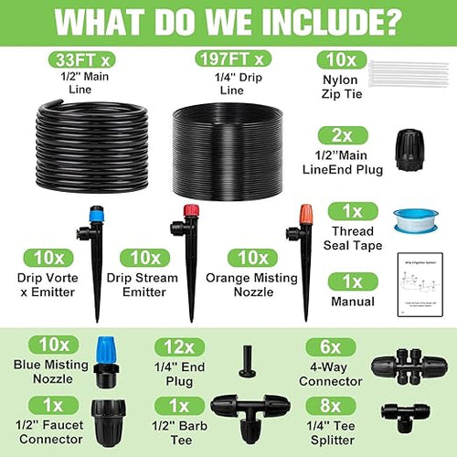 230FT Drip Irrigation System for Garden with 40 Nozzles & Emitters, Garden Watering System with 1/2" & 1/4" Tube and Barbed Fittings - Adjustable Sprinklers Kit for Greenhouse, Lawn, Raised Bed