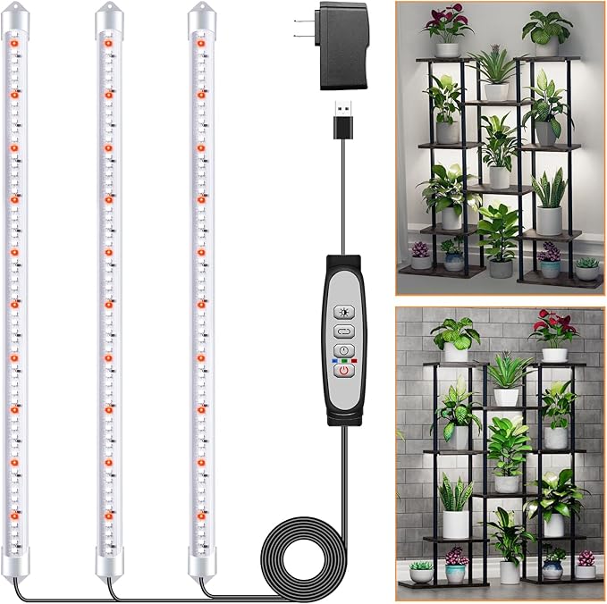 SDOVUERC Tri-Bars Grow Light Strips for Indoor Plants with Auto ON/Off Timer 6/12/18H, 5 Dimmable Levels for Shelves Plant Growing(Pack 1)