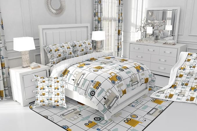 Feelyou Construction Truck Comforter Set Twin Kids Machinery Truck Excavators Vehicles Comforter for Boys Cartoon Tractor Bedding Set Excavator Tractor Plaid Grid White Duvet Set with 1 Pillow Case