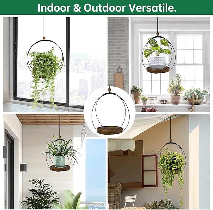 hismocal Hanging Planters for Indoor Plants,Plant Hanger with Sturdy Wood Base,Modern Boho Macrame Plant Hanger,Wall Ceiling Window Stands(Plants/Pots Not Included) (1 Pack-Circle)