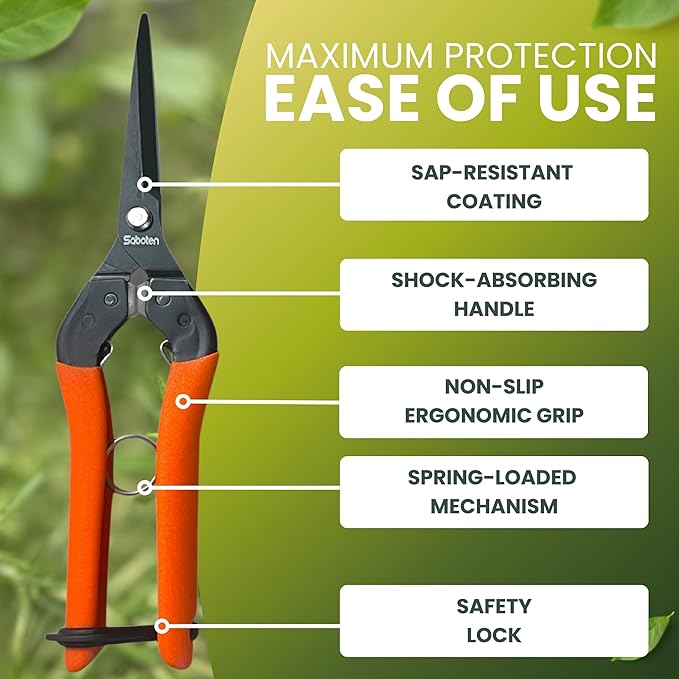 Saboten 7.9" Professional Japanese Harvesting Shears, Straight Precision Blade, Black Fluorine-Coated Stainless Steel, Spring-Loaded, Shock-Absorbing Grip, Safety Lock, Made in Japan