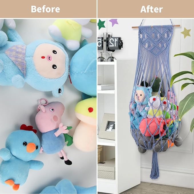 Stuffed Animal Storage Hammock Corner, 63'' Jumbo Boho Macrame Toy Holder Wall Mounted, Hanging Net Organizer for Nursery Decor, Dark Blue Plush Toy Net with Star Light for Boys Girls Gift