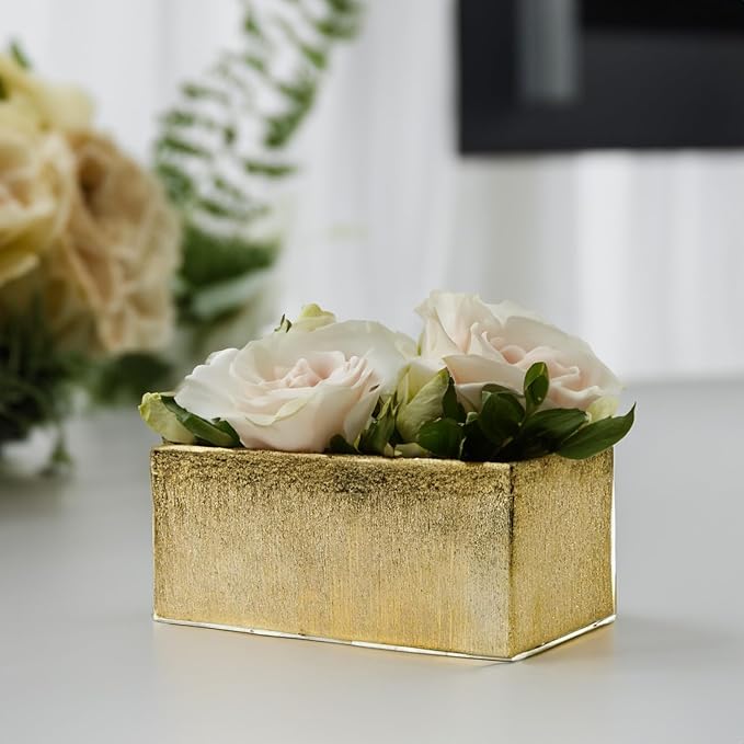 WGVI Long Rectangle Ceramic Planter Vase in Gold Etched 12" x 4" x 4"H, Block Rectangular Terrarium Box Pot, Flower Arrangement, Table top Centerpiece, Home Decor Storage Container, Bulk, 6 Pcs.