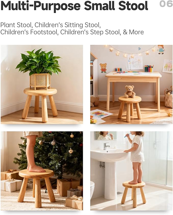 Small Solid Wood Stool, 10" Round Wooden Step Stool for Kids & Adults, Sturdy Plant Stand, Low Sitting Stool for Bathroom, Bedroom & Nursery, Easy Tool-Free Assembly, Natural (1 Pack)