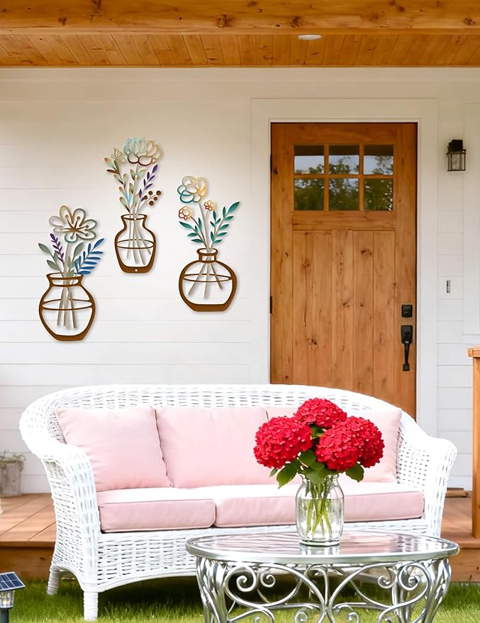 3 Piece Metal Flower Wall Decor Set - Rustic Colorful Flowers Wall Art with Butterfly and Berries, Farmhouse Metal Wall Art for Bathroom, Kitchen, Living Room, Bedroom - Modern Home Decorations Walls Hanging Sculptures Housewarming Gift