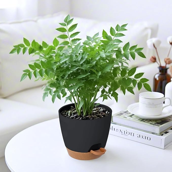 5-Pack Plant Pots with Drainage 7/6.5/6/5.5/5 Inch, Self Watering Pots for Indoor Plants, Planters for Indoor Outdoor Plants, Plastic Flower Pot, Planter for Indoor Outdoor (Black)