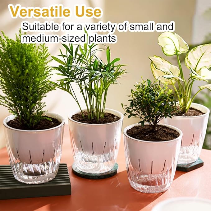 4 Pack 4 Inch Self Watering Pots for Indoor Plants, Self Watering Planter with Reservoir and Wick Rope, Clear Flower Plant Pots for African Violets,Succulents,Herbs,Cactus,Orchids